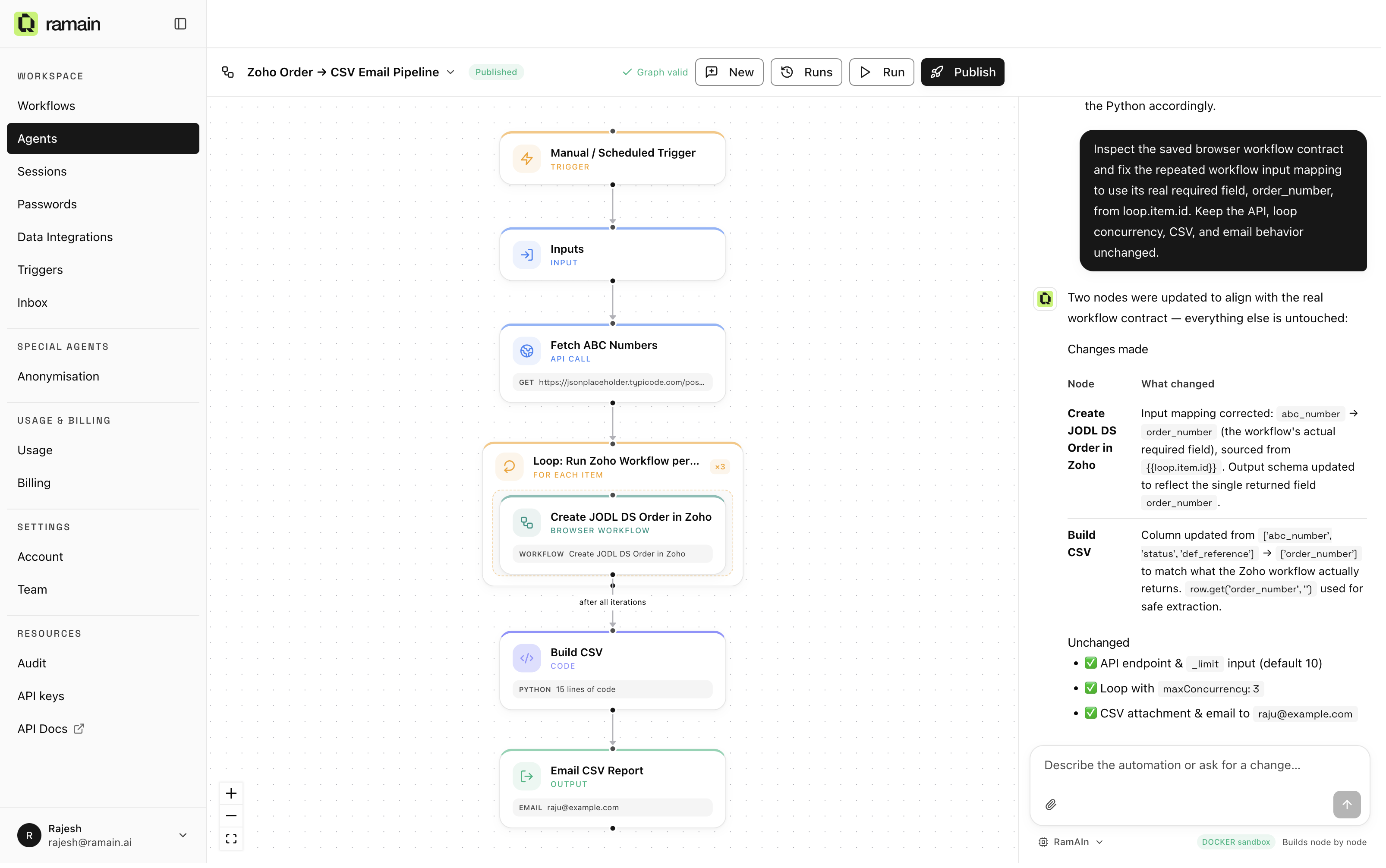 An agent on the canvas: API calls, code, loops, and browser workflows composed into one automation