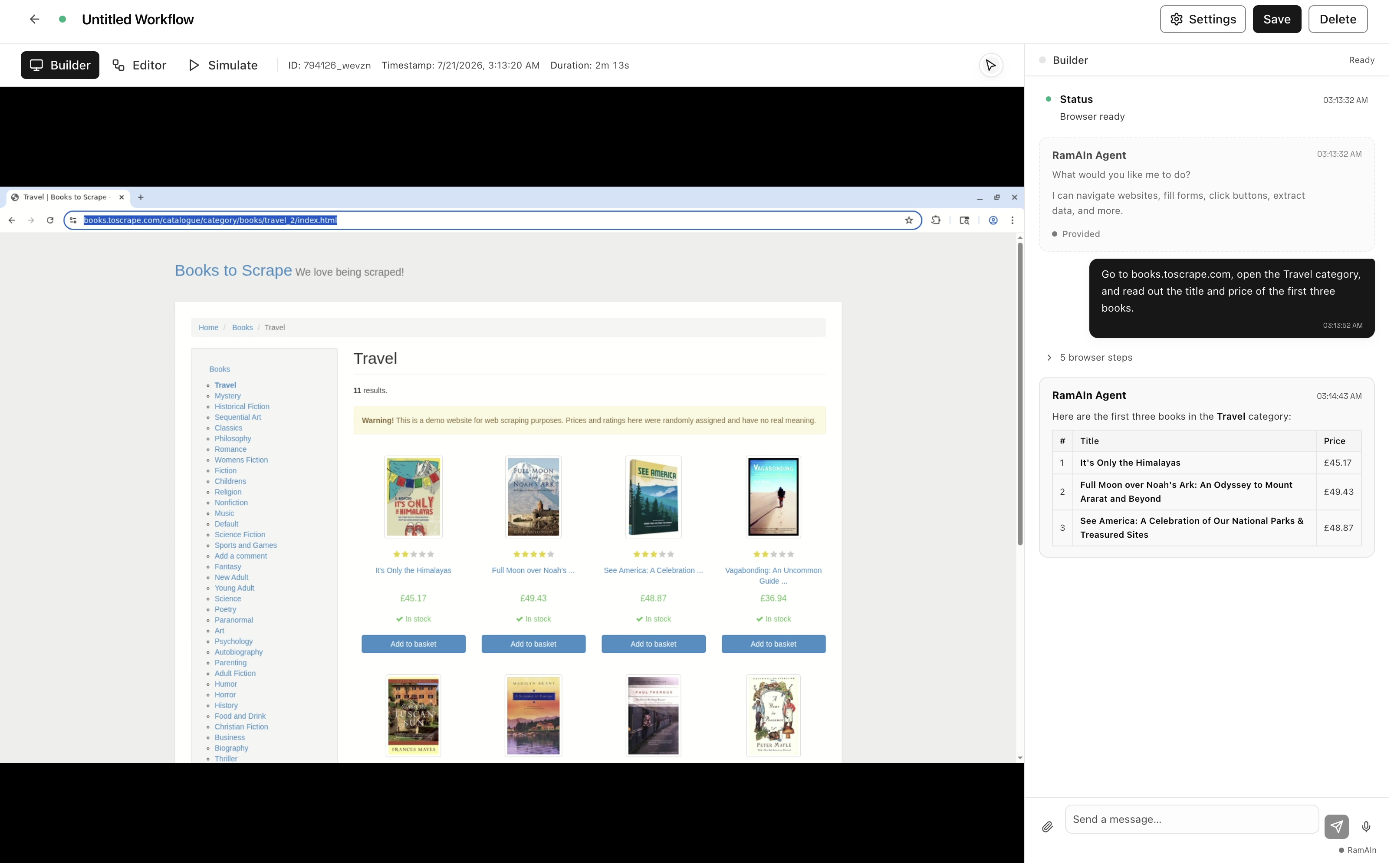 The workbench during a build: a live cloud browser on the left, the Builder chat narrating each step on the right