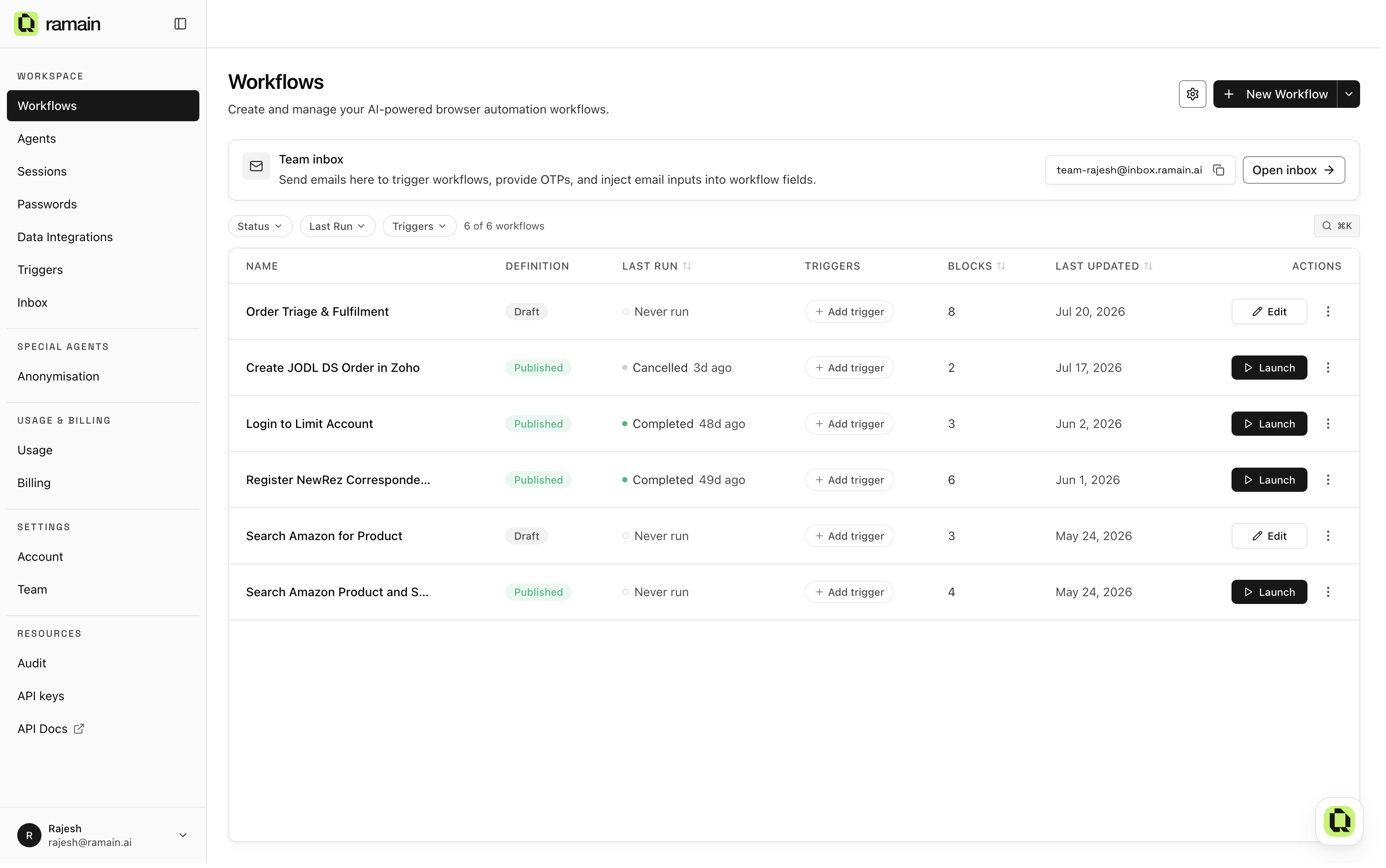The Workflows page: your team's automation library, with a New Workflow button to start building